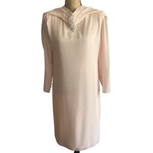 Vintage 80s Ursula Switzerland Blush Cowl Neck Sheath Dress Small Brooch USA